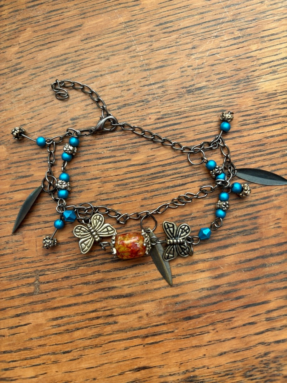 Blue Beaded Butterfly Charm Bracelet - Unbranded